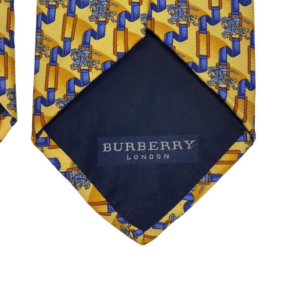 Burberry London Tie Silk Knight Logo Allover Yellow Gold Blue - Picture 7 of 8
